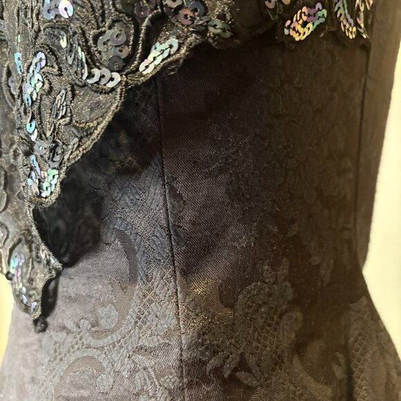 JESSICA McCLINTOCK Off-Shoulder Damask + Sequins Black Party Dress | 80s Size 4 - Picture 9 of 11
